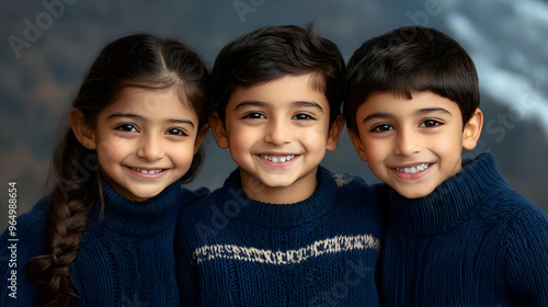 Tiga anak tersenyum bersama dalam sweater hangat di latar belakang yang indah.