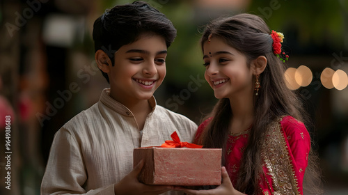 Two children joyfully excha...