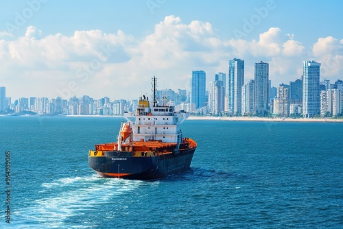 Shipping vessel passing by a coastal city photo