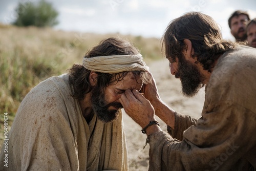 Compassionate miracle: Jesus Christ restores sight to blind man, demonstrating divine love, power, moment of profound faith, healing that transforms life through touch of Savior’s hand. photo