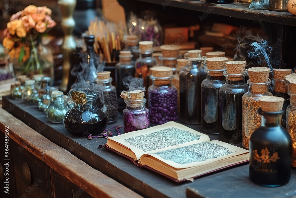 Witch-themed market stall with spell books and potions