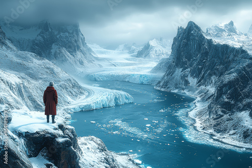 A sweeping drone shot of a remote glacier, with icy blue hues and surrounding rugged terrain emphasizing its remote beauty. Concept of glacial landscapes and cold environments.