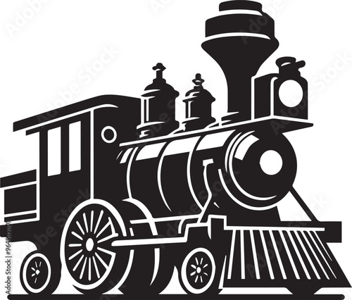 Black silhouette retro train engine, Black locomotive vintage historic train model silhouette vector,   