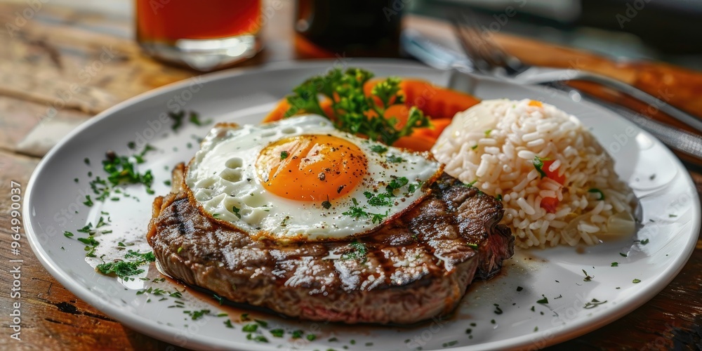 Detailed view of a ribeye steak accompanied by a fried egg, sautéed carrots, and parsley rice, presented on a white plate atop a wooden surface with utensils. Detailed view of a ribeye steak accompanied by a fried egg, sautéed carrots, and parsley rice, presented on a white plate atop a wooden surface with utensils.