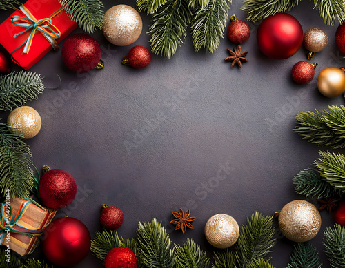 christmas background with christmas tree branches and balls photo