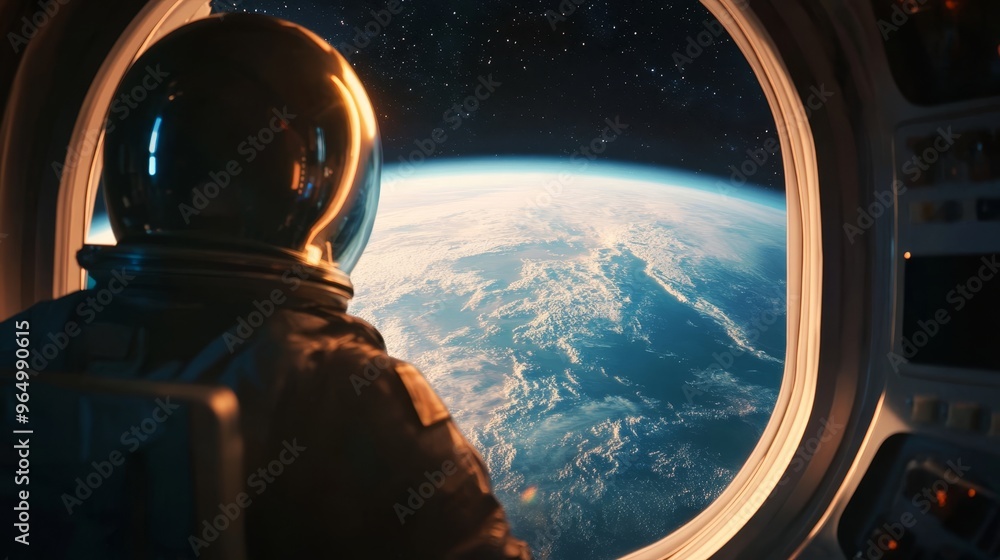 Astronaut looking at Earth from spaceship window Astronaut looking at Earth from spaceship window