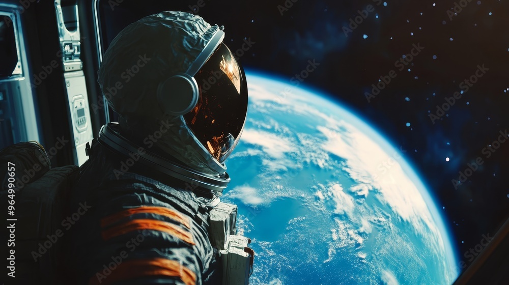 Astronaut looking at Earth from spaceship window