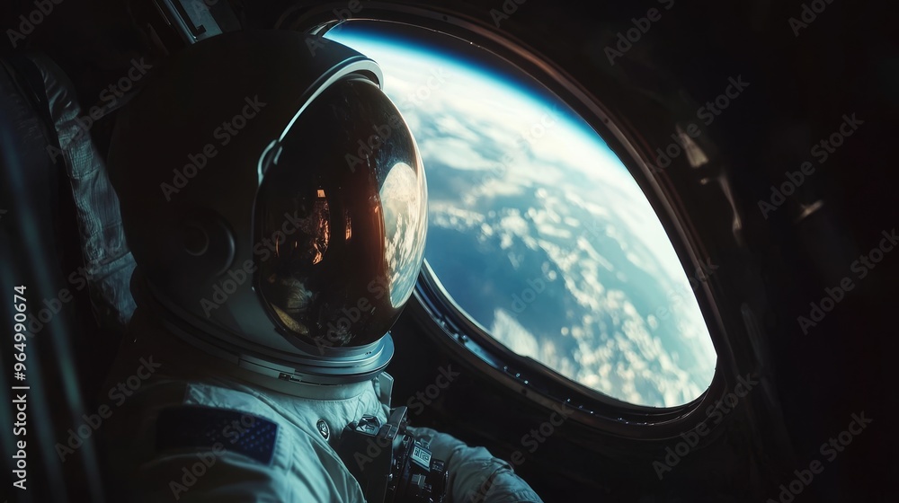 Astronaut looking at Earth from spaceship window Astronaut looking at Earth from spaceship window
