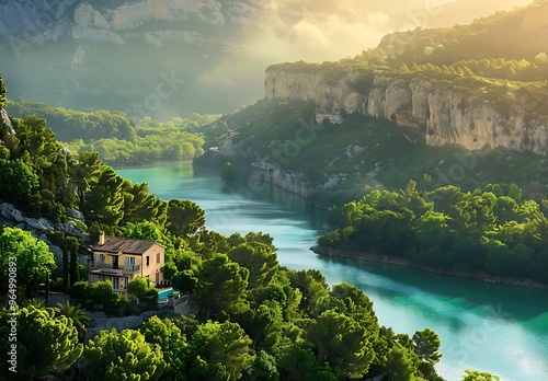 Sunrise in a town of Sisteron, France. River Durance in Sisteron, Alpes de Haute Provence department, Provence Alpes Côte d'Azur region, southeastern France. Early Morning in summer