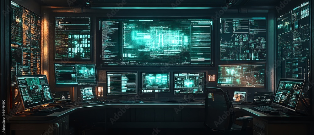 Futuristic hacking console with multiple screens showing realtime data breaches, security protocols, and advanced hacking software Futuristic hacking console with multiple screens showing realtime data breaches, security protocols, and advanced hacking software