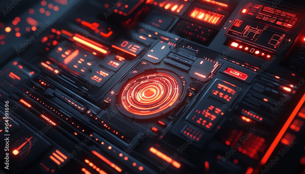 Obraz premium Hightech hacking toolkit with advanced digital interfaces, encrypted devices, and sleek, futuristic design elements in a darkened environment