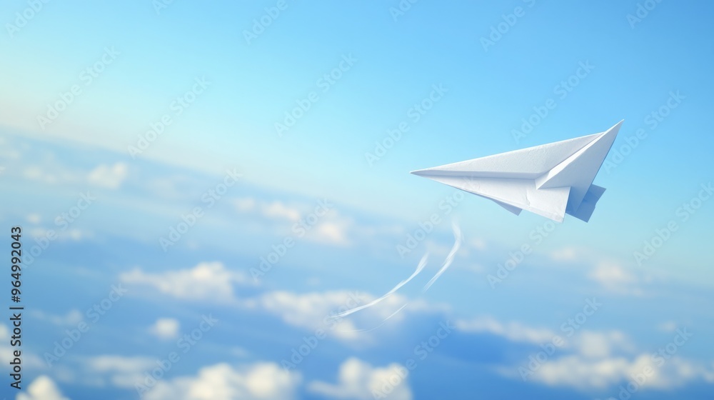 White paper airplane flying high above the clouds. White paper airplane flying high above the clouds.