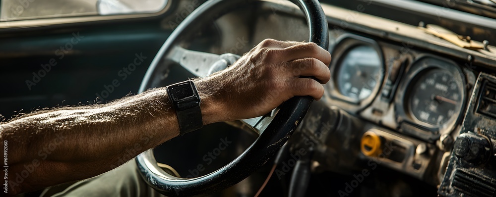 Close-up of a Man's Hand on a Worn Steering Wheel Close-up of a Man's Hand on a Worn Steering Wheel