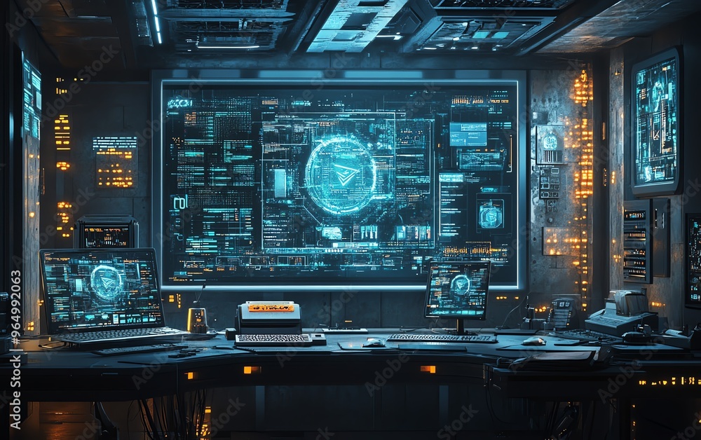 Obraz premium Anonymous digital communication setup with complex encryption algorithms, virtual private networks, and secure messaging tools in a futuristic lab