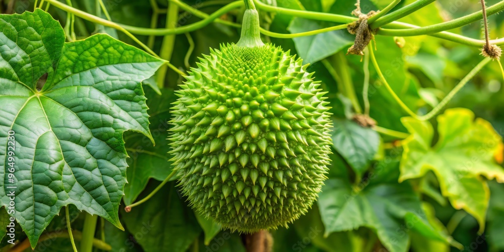 Green wax gourd's rugged terrain is home to sprawling leaves with delicate tendrils, a kaleidoscope of texture and Green wax gourd's rugged terrain is home to sprawling leaves with delicate tendrils, a kaleidoscope of texture and
