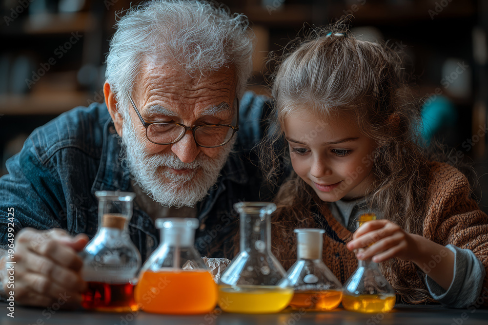 Grandparents and grandchildren having a fun science experiment session at home, mixing colorful substances. Concept of learning and experimentation. Grandparents and grandchildren having a fun science experiment session at home, mixing colorful substances. Concept of learning and experimentation.