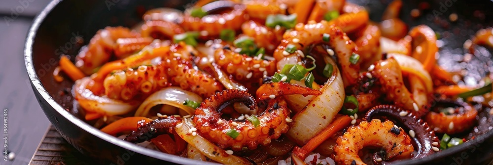 Spicy stir-fried octopus served over rice, a traditional dish made with sliced onions and carrots quickly cooked in a flavorful sauce. Spicy stir-fried octopus served over rice, a traditional dish made with sliced onions and carrots quickly cooked in a flavorful sauce.