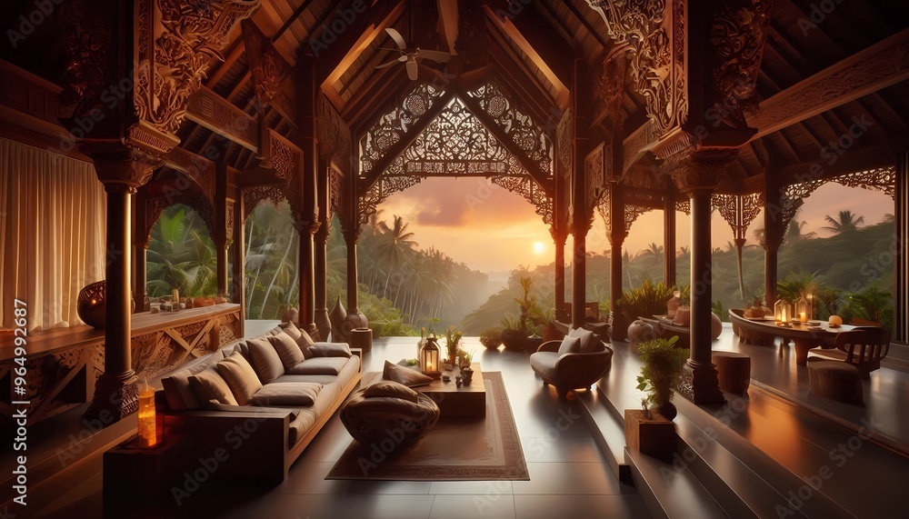 Obraz premium interior of luxurious ethnic style house, terrace, view of the sunset forest, created with A.I. generative.