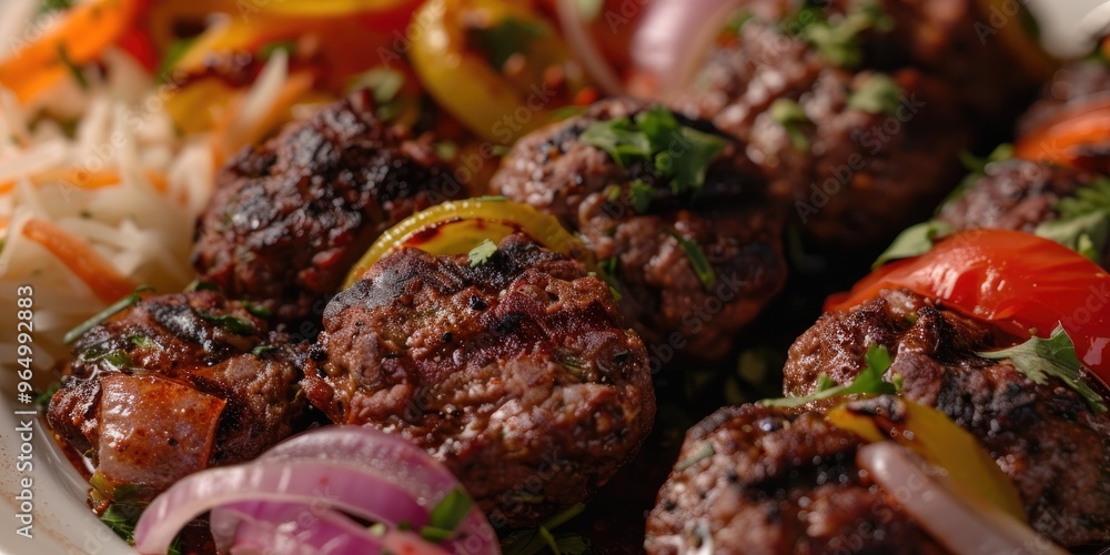 Close-up view of a dish featuring beef kofta. Close-up view of a dish featuring beef kofta.