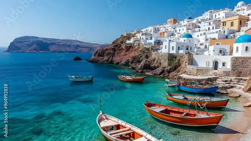 Picturesque Cycladic village perched on rocky cliffs overlooking azure Aegean Sea. White-washed buildings with blue domes cascade down hillside. 