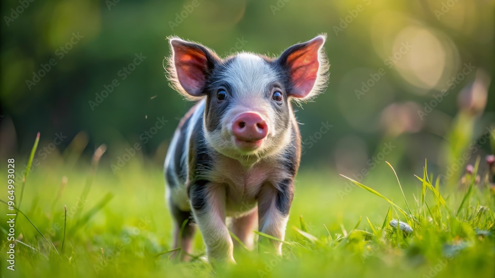 In a green pasture, a black and white piglet sniffs the air, its tiny snout twitching with curiosity. In a green pasture, a black and white piglet sniffs the air, its tiny snout twitching with curiosity.