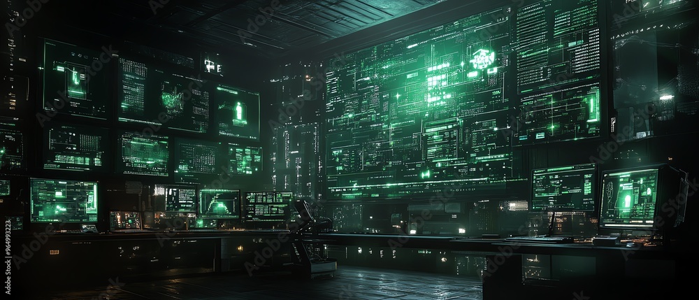 Fototapeta premium Intricate network hacking scene with detailed digital interfaces, showing realtime network breaches, security protocols, and advanced encryption