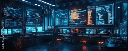 Intricate data theft setup with multiple monitors displaying breached databases, security alerts, and stolen files in a futuristic lab