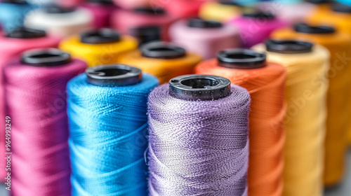 vibrant multicolored spools of thread, showcasing an array of rich hues and textures, symbolizing creativity, craftsmanship, and the beauty of diverse possibilities photo