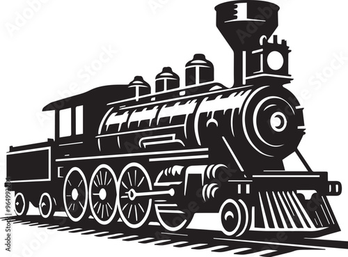 Black silhouette retro train engine, Black locomotive vintage historic train model silhouette vector,   