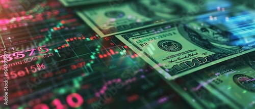 Economy graph: 100 dollar bills and stock market data dashboard.