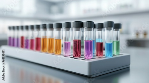 Colorful test tubes filled with various liquids, arranged in a row. Ideal for science, laboratory, or educational themes.