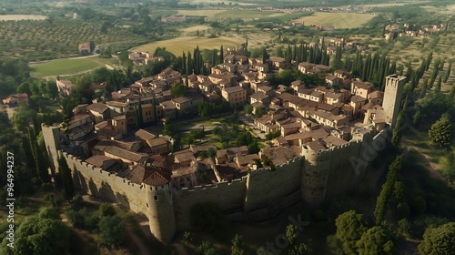 MONTERIGGIONI, ITALY: Medieval Tuscan Fortress, Aerial view of an ancient medieval village used in Assassin's Creed video game. Monteriggioni, Italy. photo