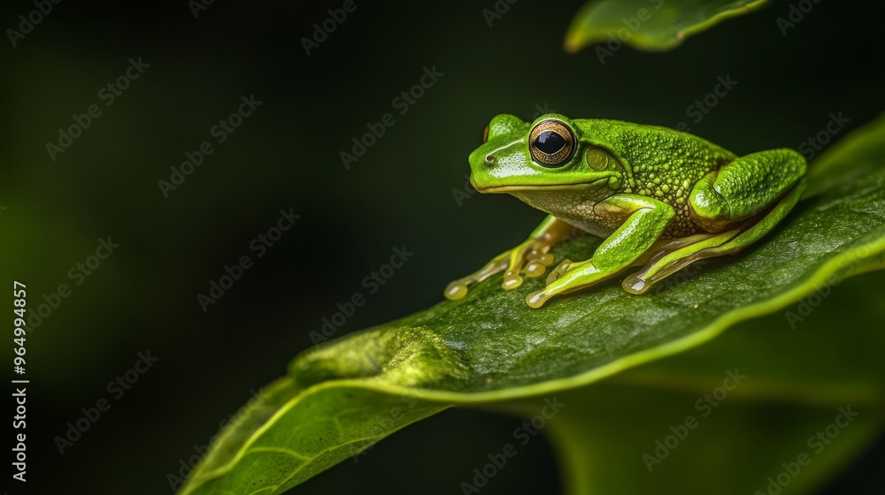 Green Frog Resting on a Leaf with a Bright Bokeh Background, Showcasing Nature's Vibrant Colors Green Frog Resting on a Leaf with a Bright Bokeh Background, Showcasing Nature's Vibrant Colors