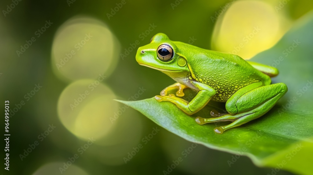 Obraz premium Green Frog Resting on a Leaf with a Bright Bokeh Background, Showcasing Nature's Vibrant Colors