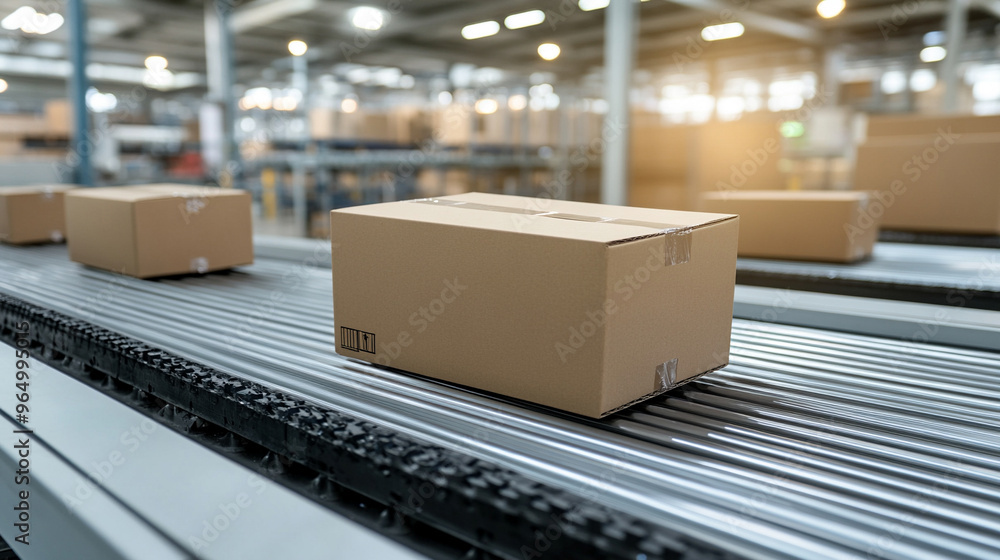 cardboard box on a conveyor belt in a warehouse, symbolizing efficiency and logistics in modern supply chains. The focus on the box highlights precision and organization in distribution cardboard box on a conveyor belt in a warehouse, symbolizing efficiency and logistics in modern supply chains. The focus on the box highlights precision and organization in distribution