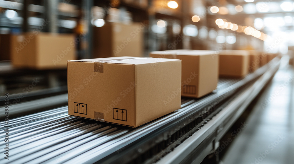 cardboard box on a conveyor belt in a warehouse, symbolizing efficiency and logistics in modern supply chains. The focus on the box highlights precision and organization in distribution cardboard box on a conveyor belt in a warehouse, symbolizing efficiency and logistics in modern supply chains. The focus on the box highlights precision and organization in distribution