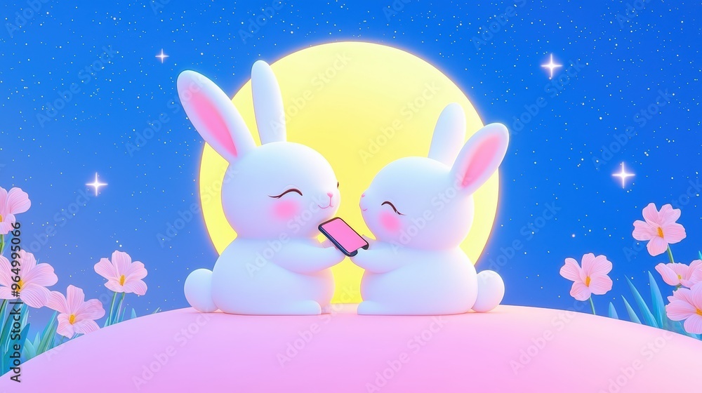 Two bunnies look at a phone Two bunnies look at a phone