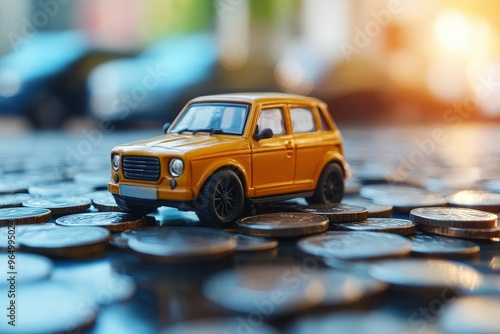 The Road to Success: A miniature car sits atop a bed of coins, a metaphorical representation of financial prosperity, ambition, and the journey to achieving financial goals. 