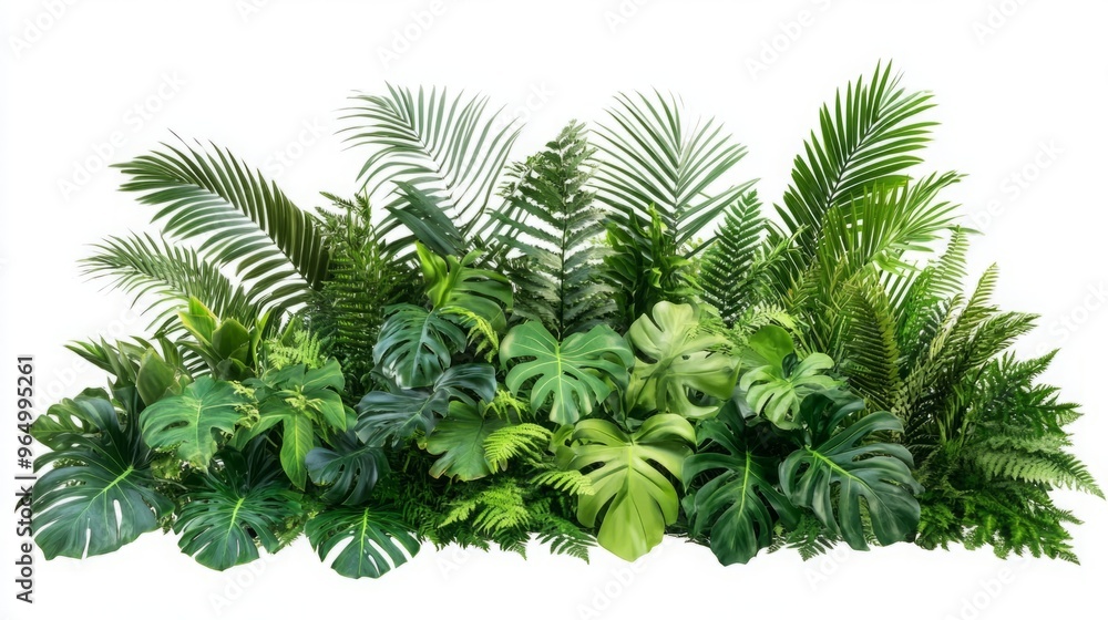 Set of Lush Green Tropical Plants (Monstera, Palm, Rubber Plant, Pine, and Fern) Isolated on White Background, Featuring Vibrant Foliage and Natural Aesthetics Set of Lush Green Tropical Plants (Monstera, Palm, Rubber Plant, Pine, and Fern) Isolated on White Background, Featuring Vibrant Foliage and Natural Aesthetics
