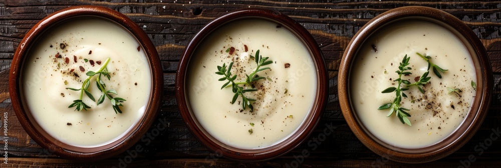 Creamy Soup Served in Three Small Bowls with Fresh Herb Garnish on a Rustic Surface Creamy Soup Served in Three Small Bowls with Fresh Herb Garnish on a Rustic Surface