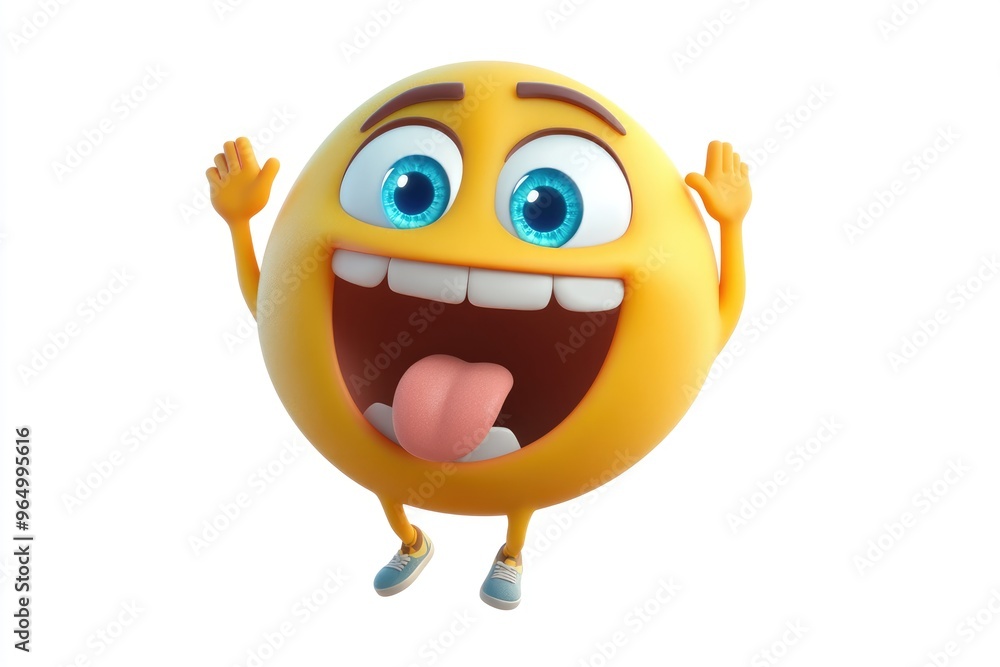 Joyful 3D emoji face with vibrant colors and bold features celebrating happiness with hands raised in a V shape against a clean white background Joyful 3D emoji face with vibrant colors and bold features celebrating happiness with hands raised in a V shape against a clean white background