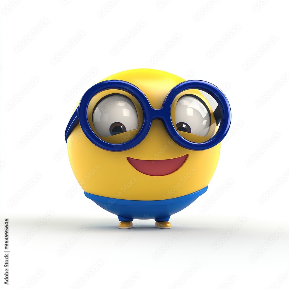 Obraz premium A cheerful 3D emoji character wearing round glasses, showcasing vibrant colors and a glossy finish against a clean white background at an ultra-high resolution
