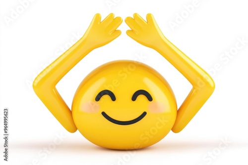 A joyful 3D emoji face with vibrant colors raises hands in victory, celebrating happiness against a crisp white background in stunning ultra high resolution photo