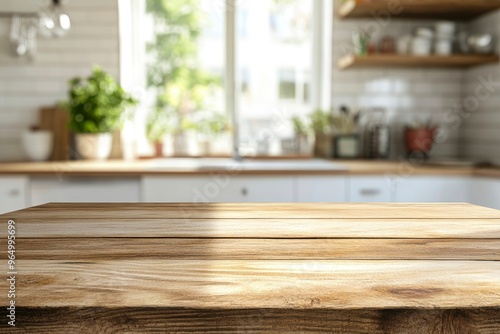 kitchen table background, wood counter top on blur of white clean abstract home interior with bokeh. used for display or montage your wooden for dining background. table banner, ai