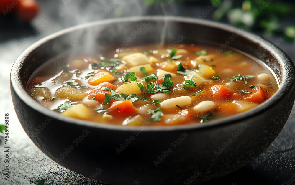 Organic vegetable soup, steaming hot in a bowl, 3D illustration Organic vegetable soup, steaming hot in a bowl, 3D illustration