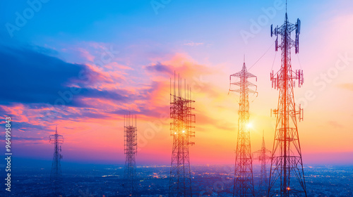 Telecommunication transmission towers, internet signal connection concept.