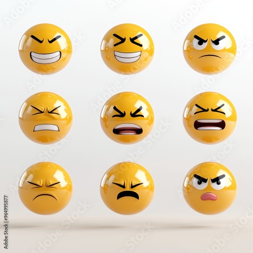 Bright and bold 3D emojis showcasing a variety of emotions including happiness, sadness, and seriousness against a clean white background