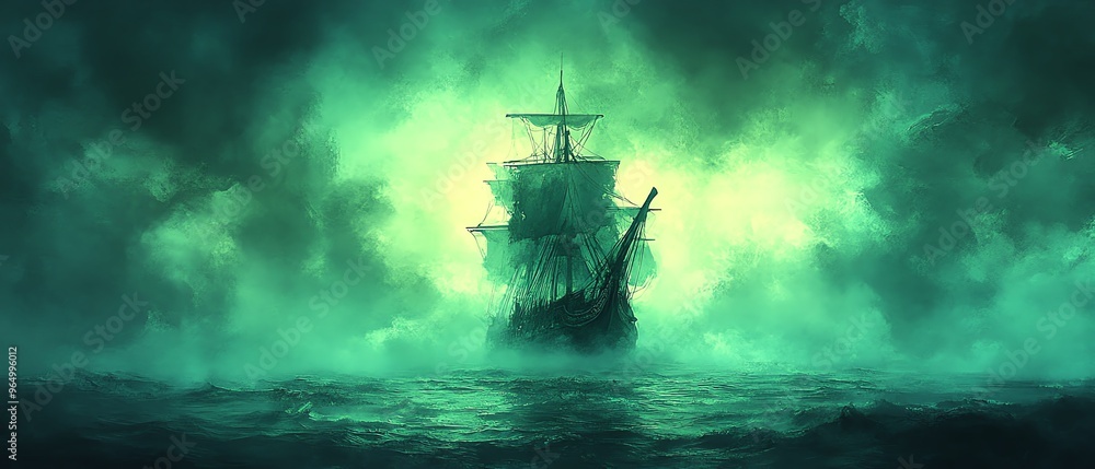 Fototapeta premium Cursed pirate ship, sailing through an eerie sea of mist, ghostly glow, Watercolor style