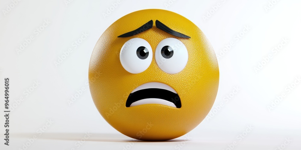 Fototapeta premium A perfectly round, yellow emoji with a glossy finish stares in disbelief. It's a 3D rendering, and the details are so crisp they look real