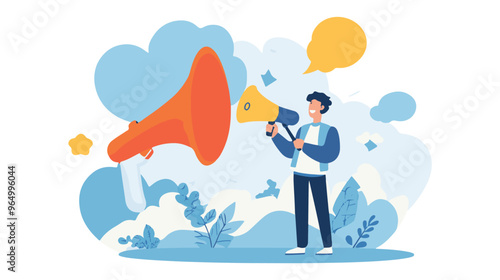 PR manager vector, public relations illustration, communication graphic, media announcement, sales promotion, businessman megaphone, speech bubble, flat style PR, corporate communication, media 